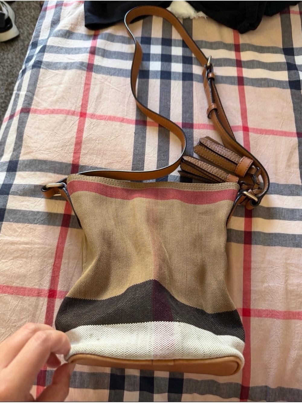 Burberry Beige Canvas Crossbody with Brown Leather Strap and Pink Accent